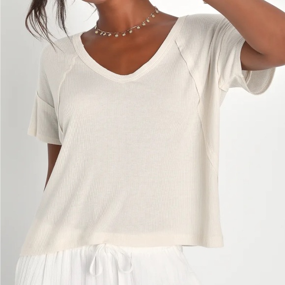 Lulus Daily Outing Cream Ribbed Short Sleeve Tee - Picture 1 of 7